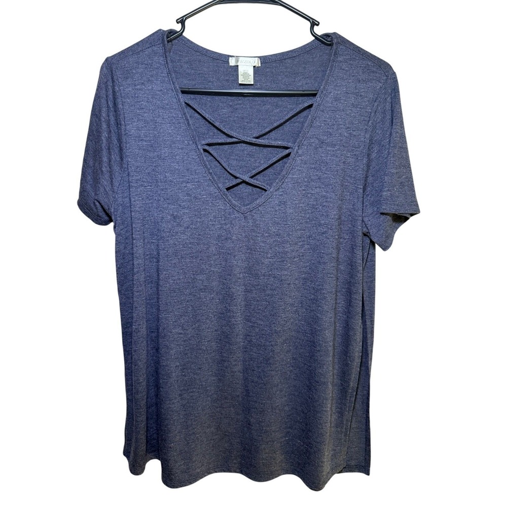 Blue Bozzolo Boho CrissCross V Neck Short Sleeve Top Womens Large